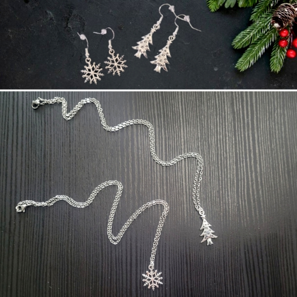 Christmas Tree / Snowflake Necklace 18" & Matching Earrings, silver